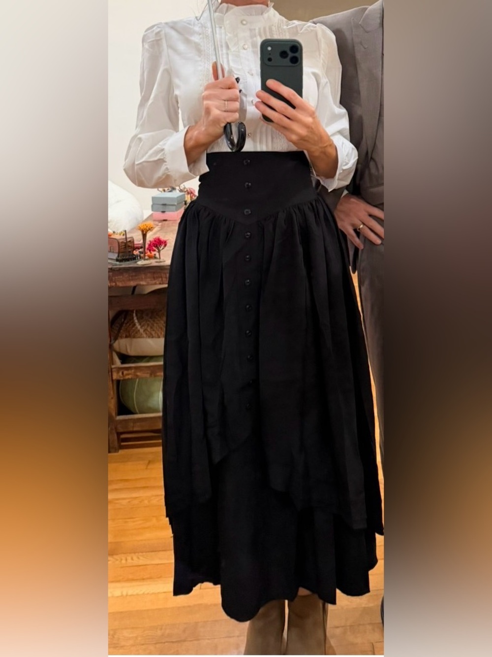 High-Waist Black Maxi Skirt with Button-Front and Lace Umbrella